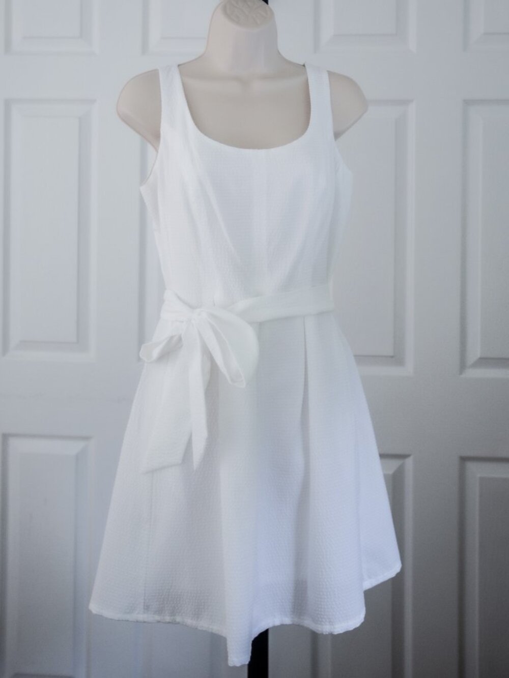 Scoop Neck Self Tie Waist Seersucker Fit & Flare Dress